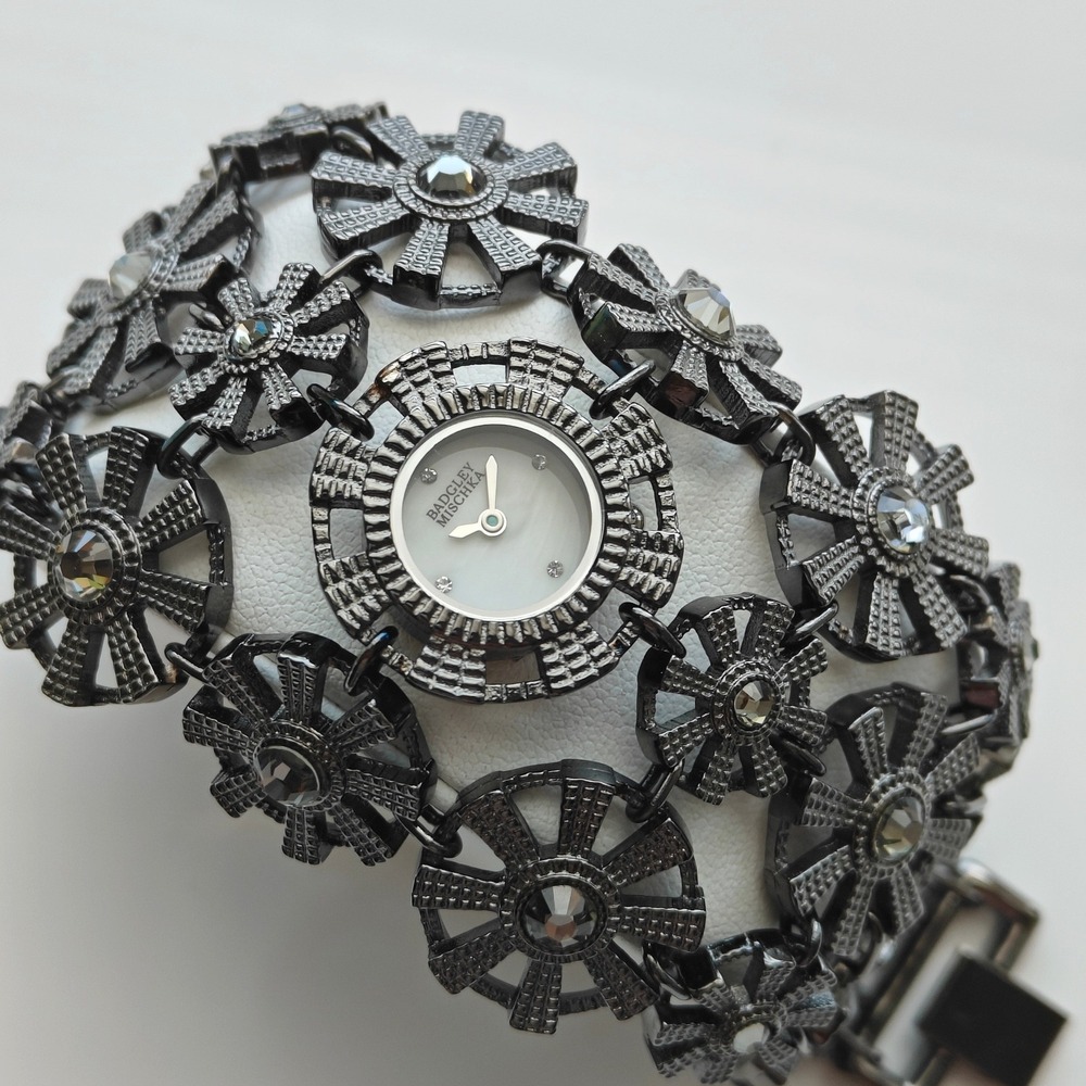 Badgley Mischka Women Gunmetal Crystal Floral Cuff Watch Bracelet Chunky Metal